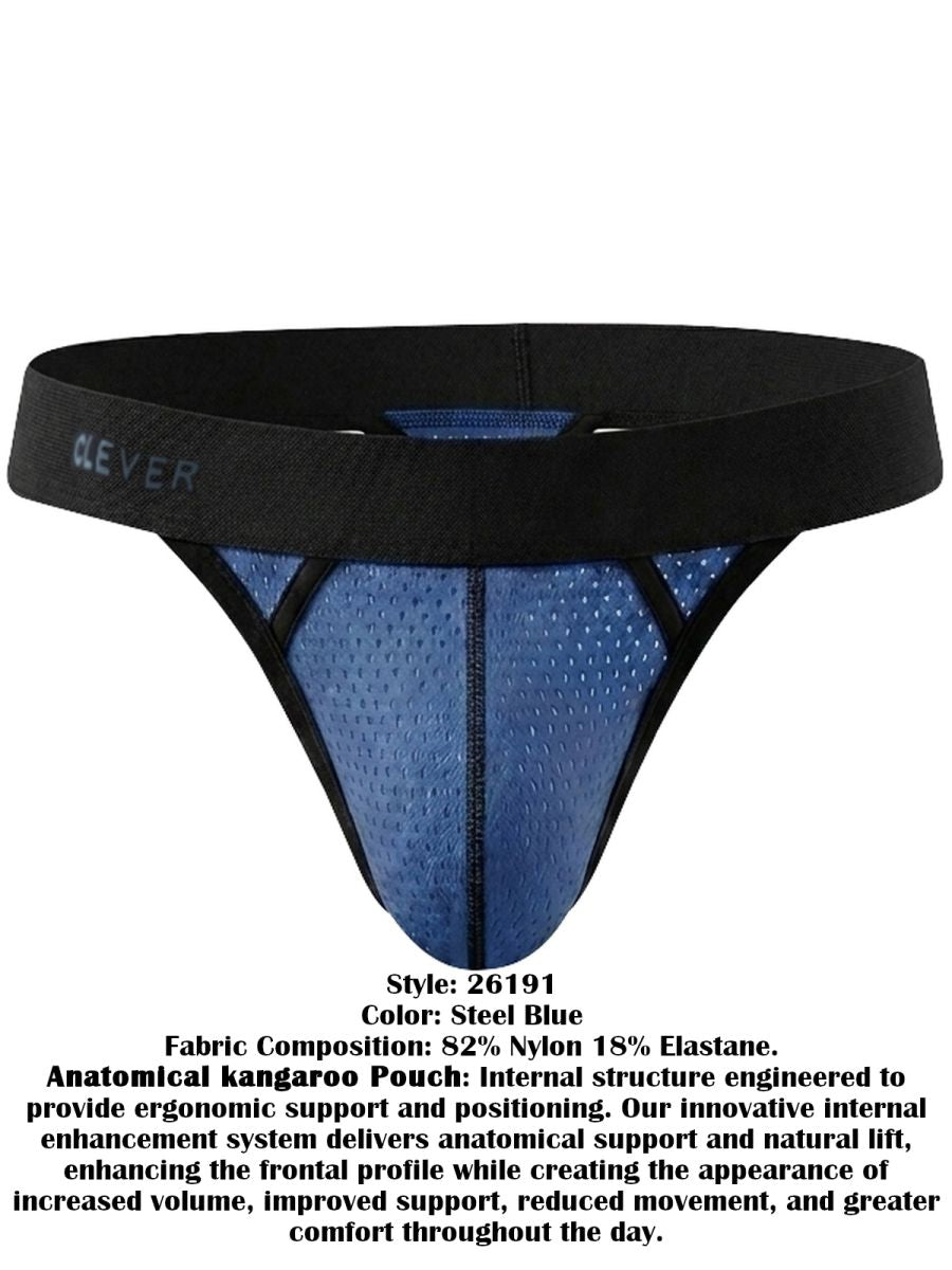 Clever Moda steel blue mesh thong with black waistband and supportive contour pouch.