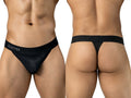 Front and back views of a man wearing black Clever Moda Ulises thongs with a branded elastic waistband.