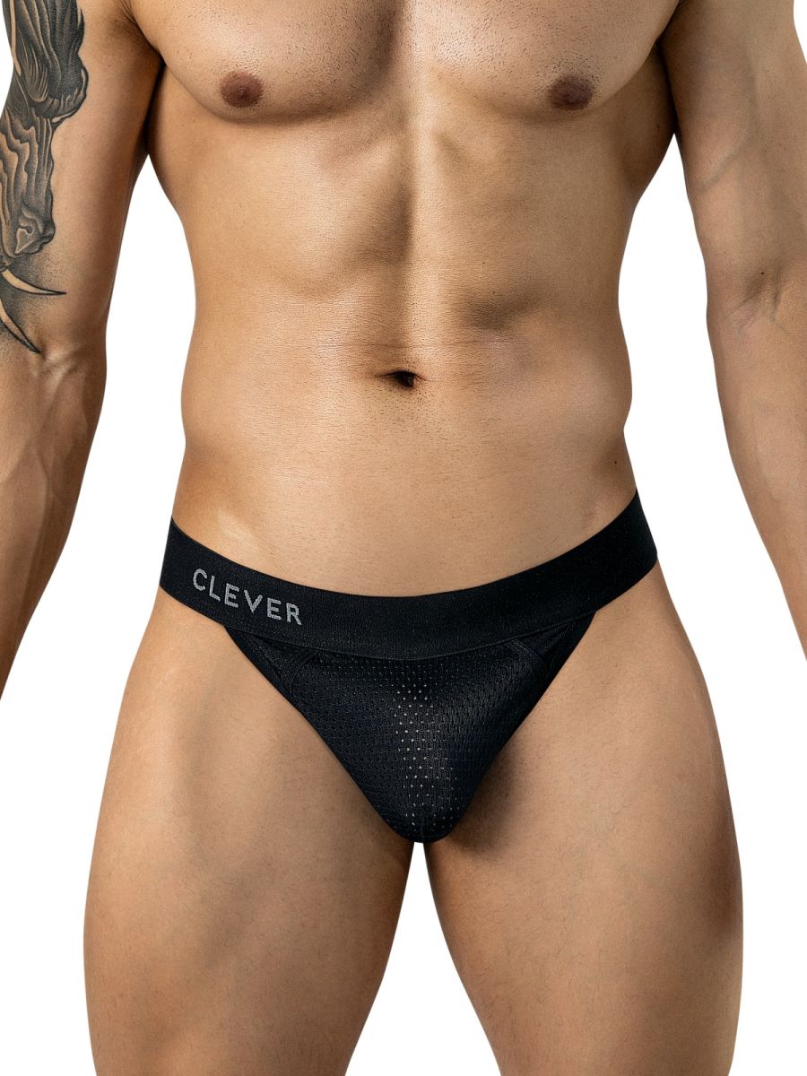 Black Clever Moda Ulises thong with ergonomic pouch, mesh fabric, and branded elastic waistband.