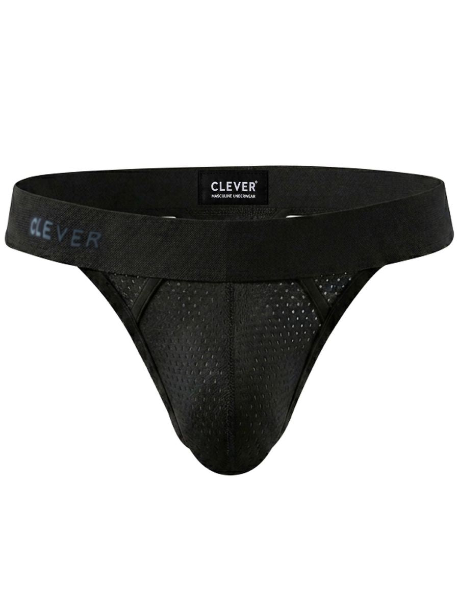 Clever black thong underwear featuring breathable mesh fabric and a branded elastic waistband with logo.