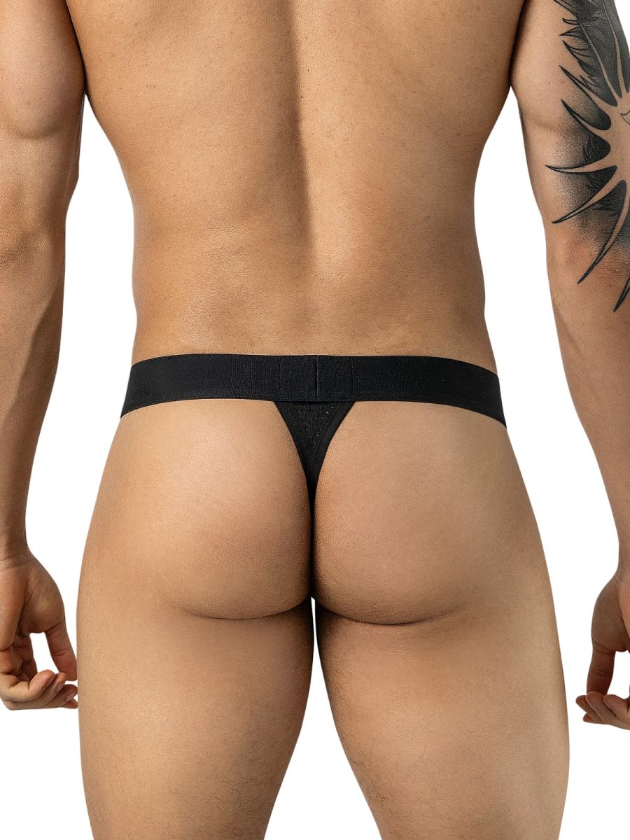 Clever Moda black thong for men featuring a minimal back design and a wide elastic waistband.
