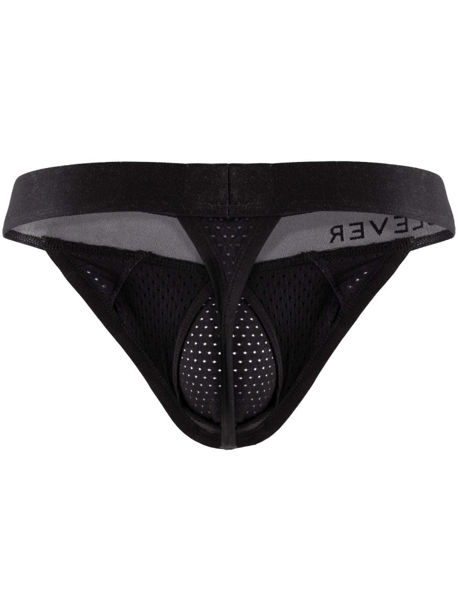 Clever Moda black men's thong with an ergonomic mesh pouch and branded waistband.