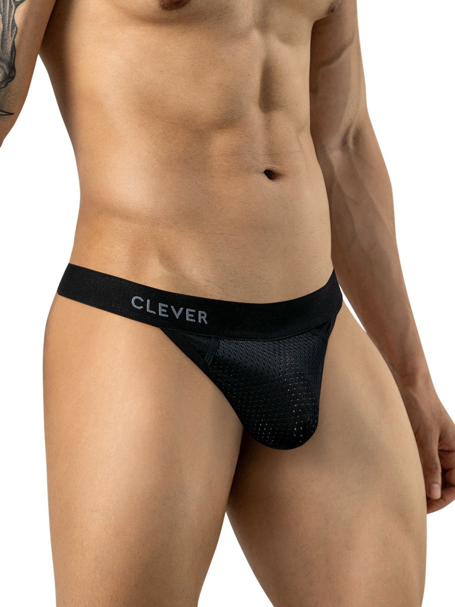 Clever Moda black mesh thong with ergonomic pouch and branded elastic waistband.