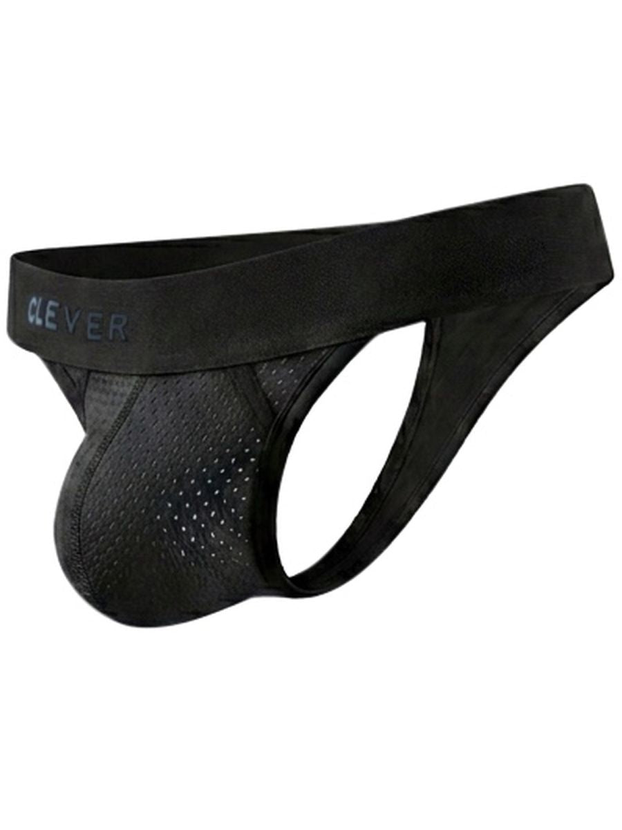 Clever Moda black mesh thong with ergonomic contoured pouch and branded elastic waistband.