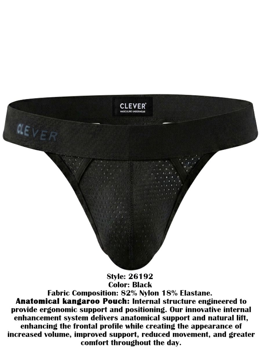 Clever Moda 26192 Ulises black men's thong in mesh fabric with an ergonomic pouch and branded elastic waistband.