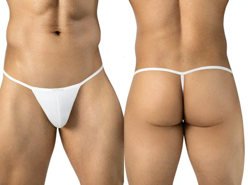 Front and rear views of a model wearing a white string thong.