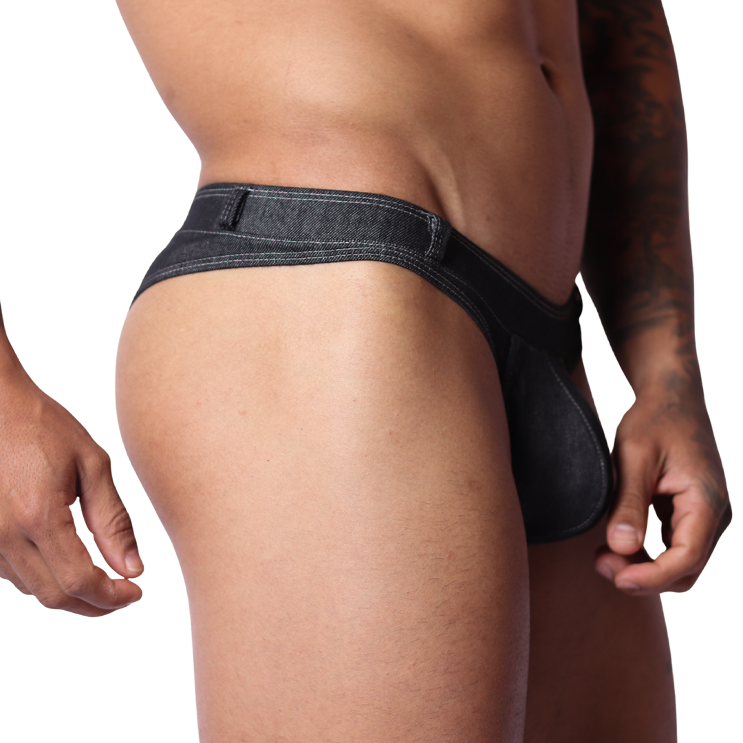 Side view of Gigo black denim G-string underwear with visible stitching and belt loop detail on a male model.