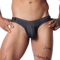 Front view of Gigo black denim G-string underwear featuring contrast stitching and belt loop details.