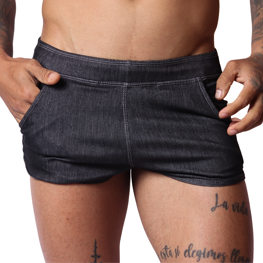 Front view of Gigo black denim hot shorts featuring white contrast stitching and side pockets.