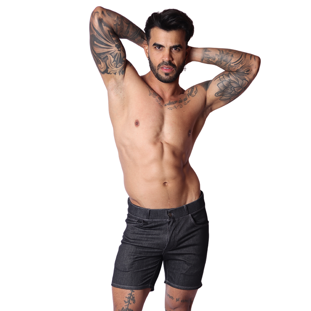 Front view of Gigo menâ€™s black denim short, featuring a fitted waist, button closure, and durable cotton fabric.