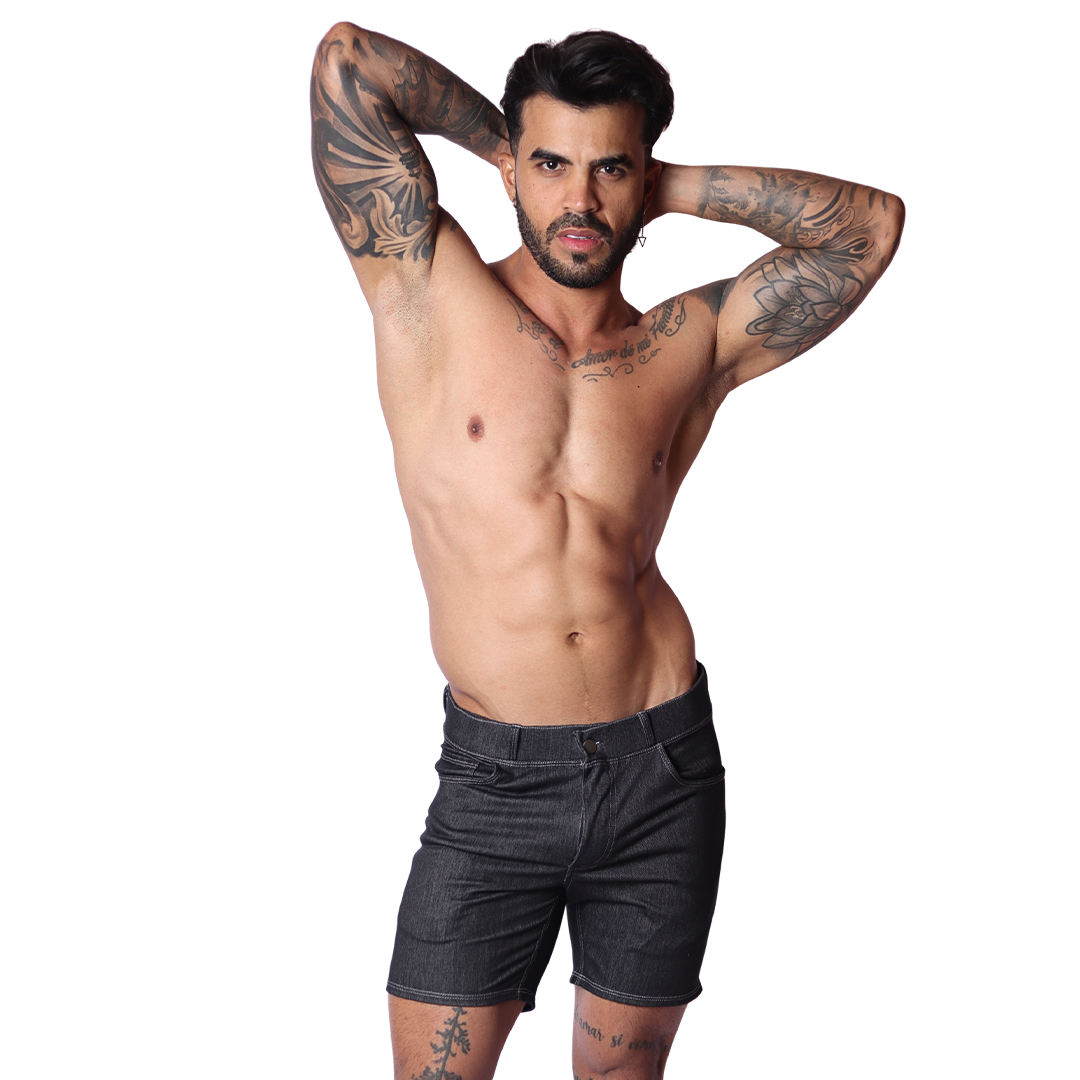 Front view of Gigo menâ€™s black denim short, featuring a fitted waist, button closure, and durable cotton fabric.