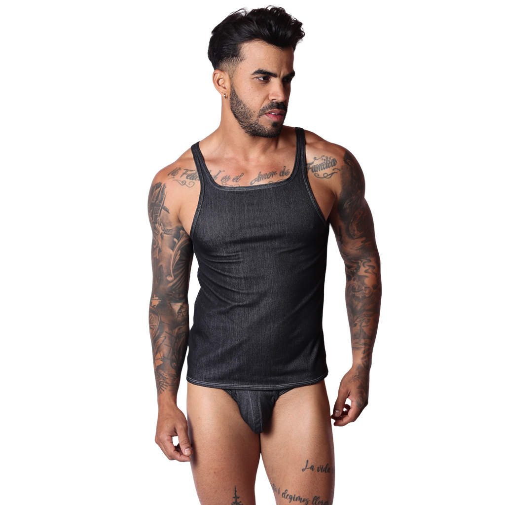 Front view of Gigo menâ€™s black denim tank top with contrast stitching on a tattooed model against black background.