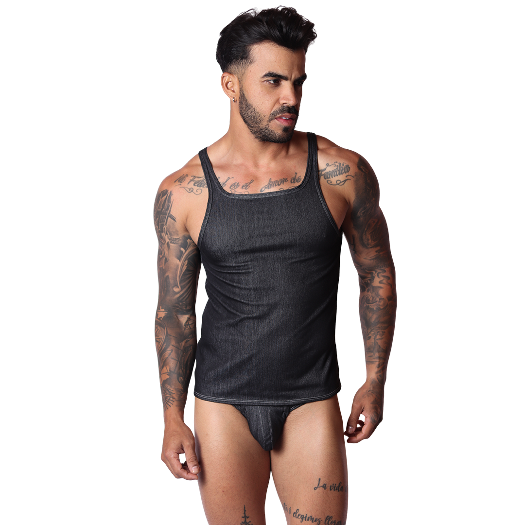 Front view of Gigo menâ€™s black denim tank top with contrast stitching on a tattooed model against black background.