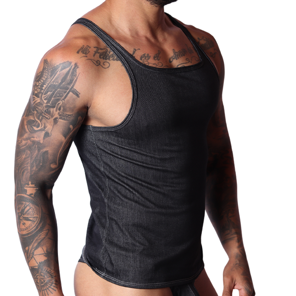 Gigo black denim tank top, side view, showing textured fabric and fitted silhouette on a tattooed male model.