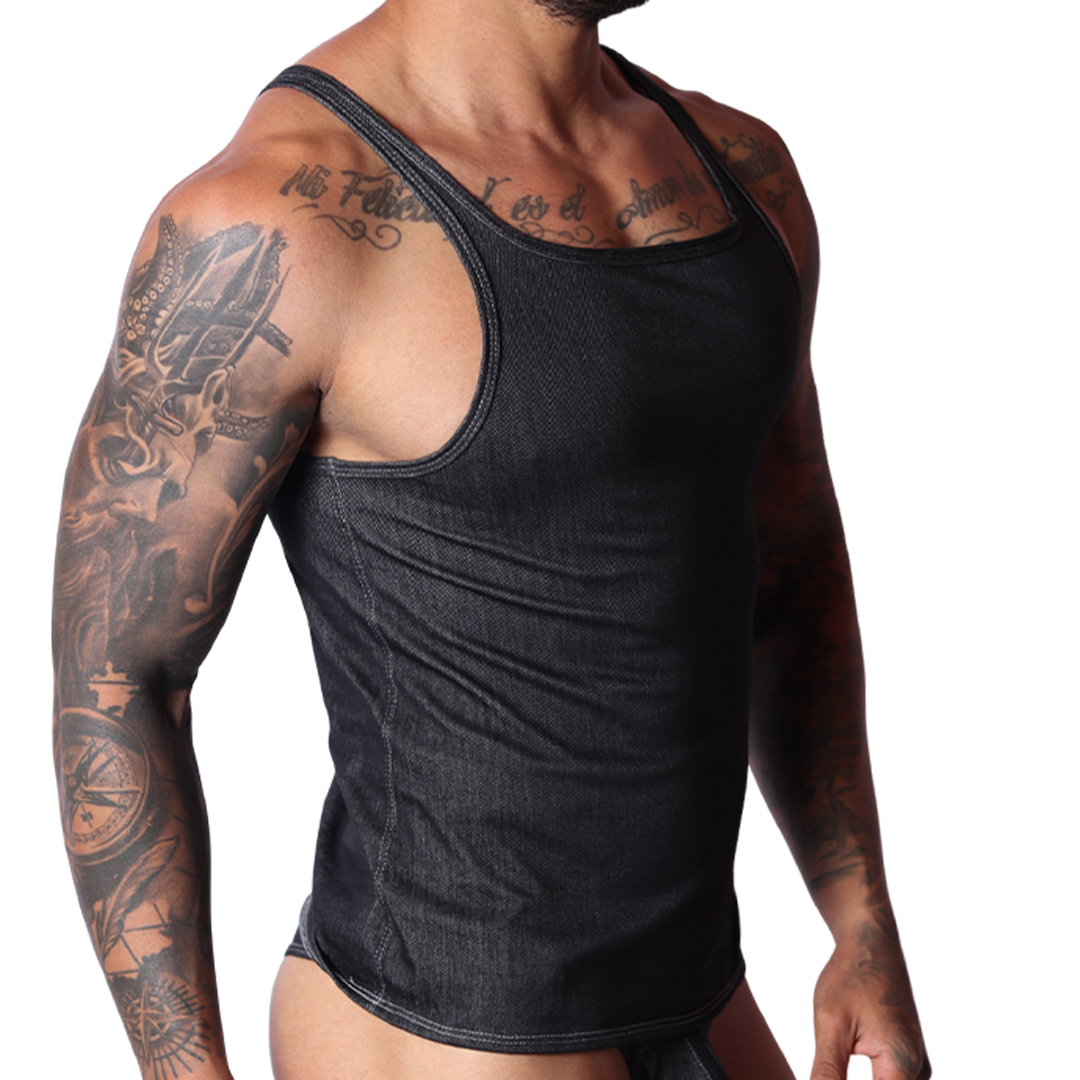 Gigo black denim tank top, side view, showing textured fabric and fitted silhouette on a tattooed male model.