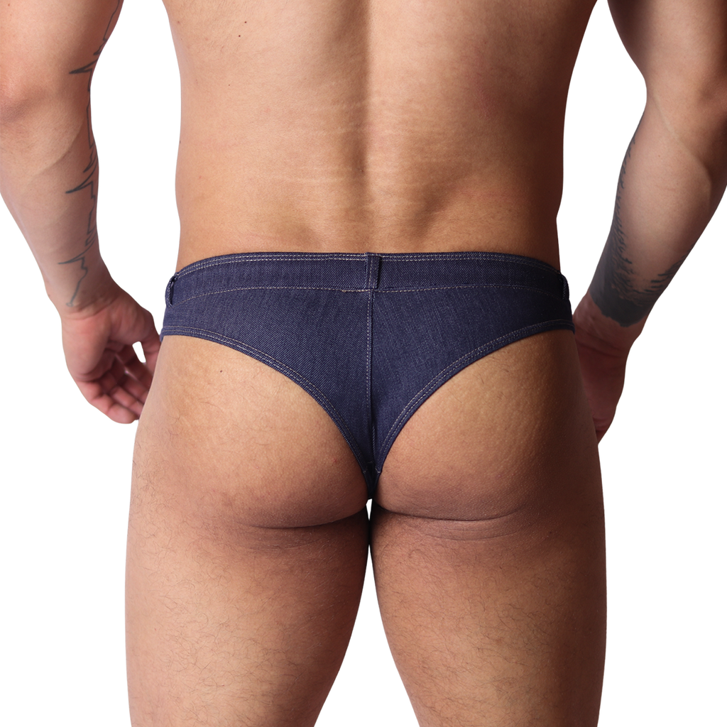 Back view of Gigo blue denim fabric G-string underwear with contrast stitching on a muscular male model.