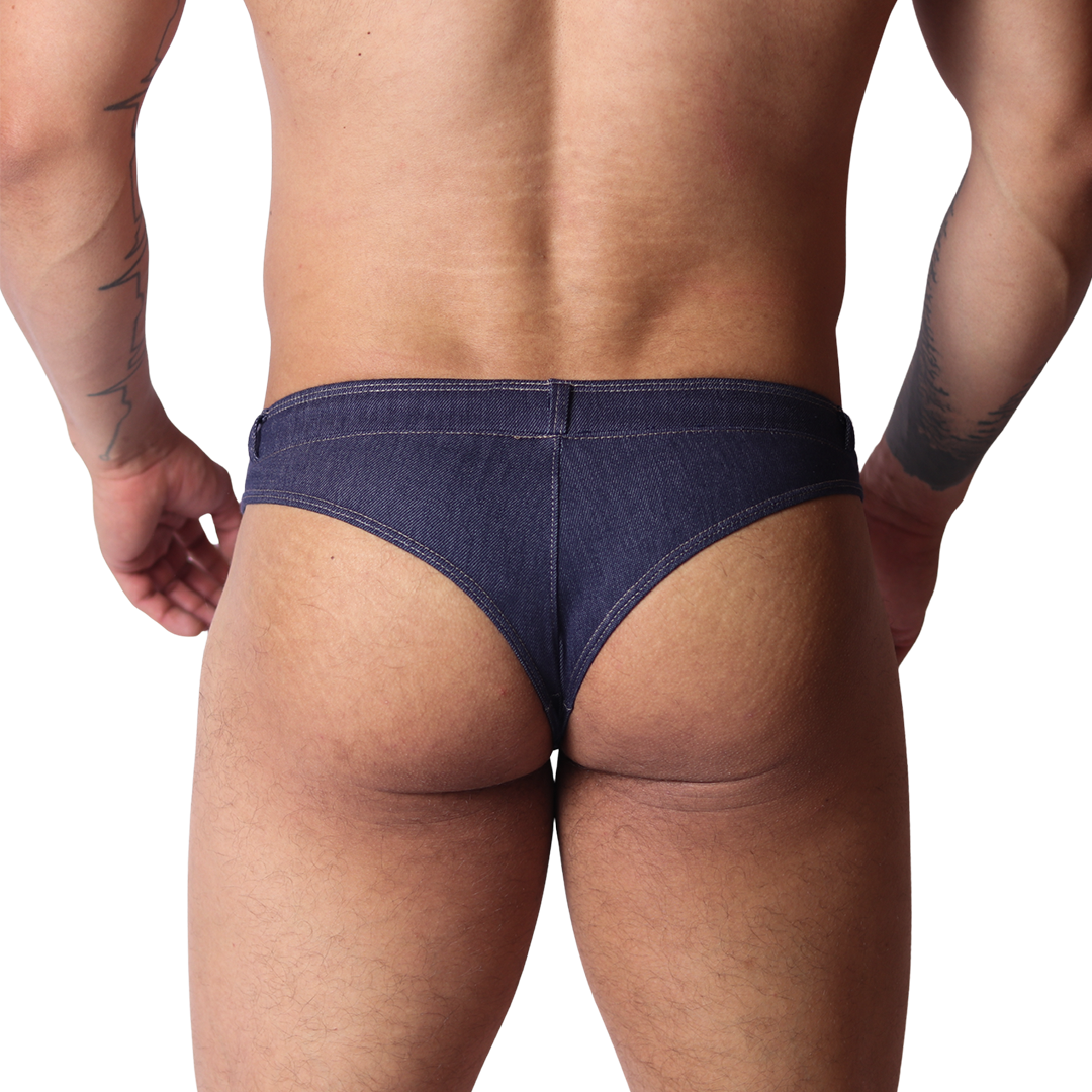 Back view of Gigo blue denim fabric G-string underwear with contrast stitching on a muscular male model.