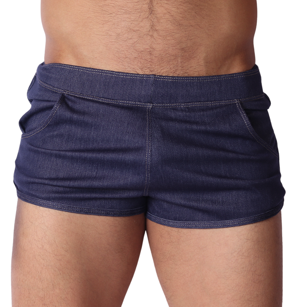 Front view of Gigo dark denim blue cotton hot shorts with contrast stitching and deep side pockets.