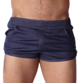 Front view of Gigo dark denim blue cotton hot shorts with contrast stitching and deep side pockets.