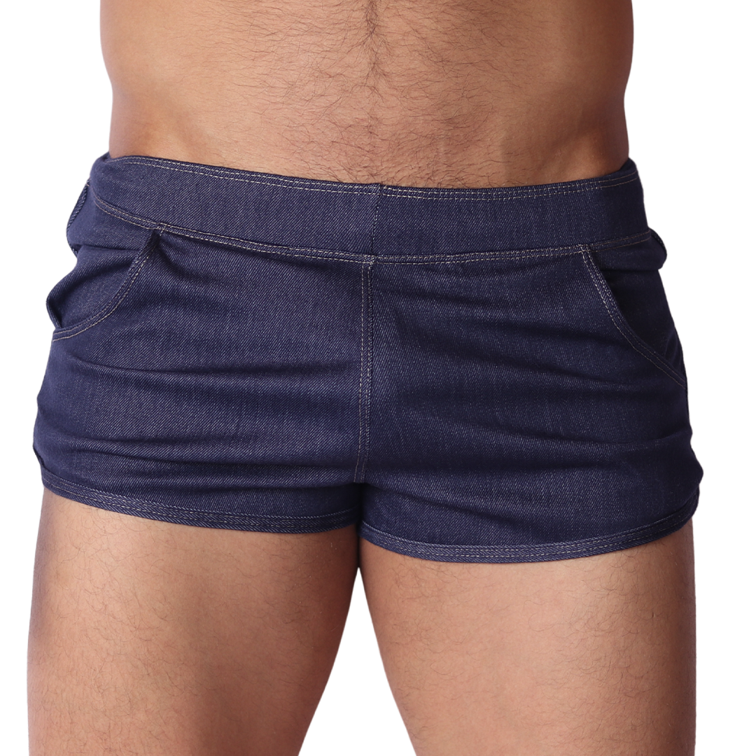Front view of Gigo dark denim blue cotton hot shorts with contrast stitching and deep side pockets.