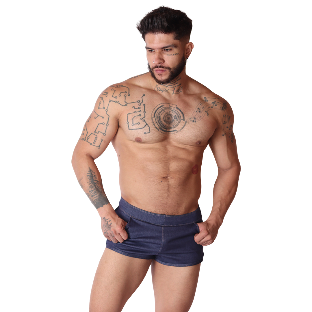 Front view of Gigo men's denim blue cotton fabric hot shorts with pocket detailing on a tattooed male model.