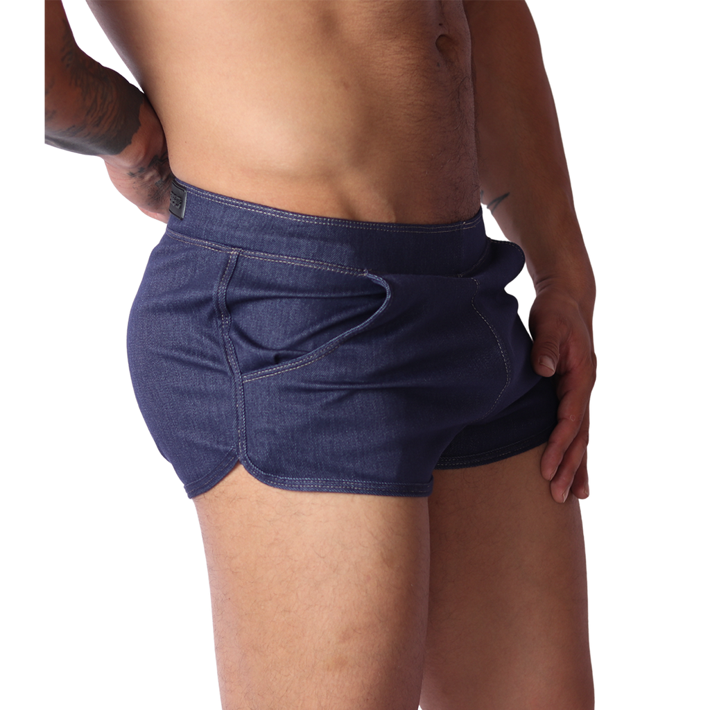 Side view of Gigo denim blue fabric hotshort underwear with contrast stitching and pocket details.