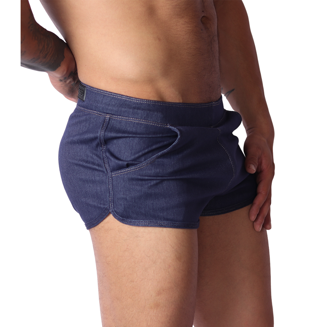 Side view of Gigo denim blue fabric hotshort underwear with contrast stitching and pocket details.