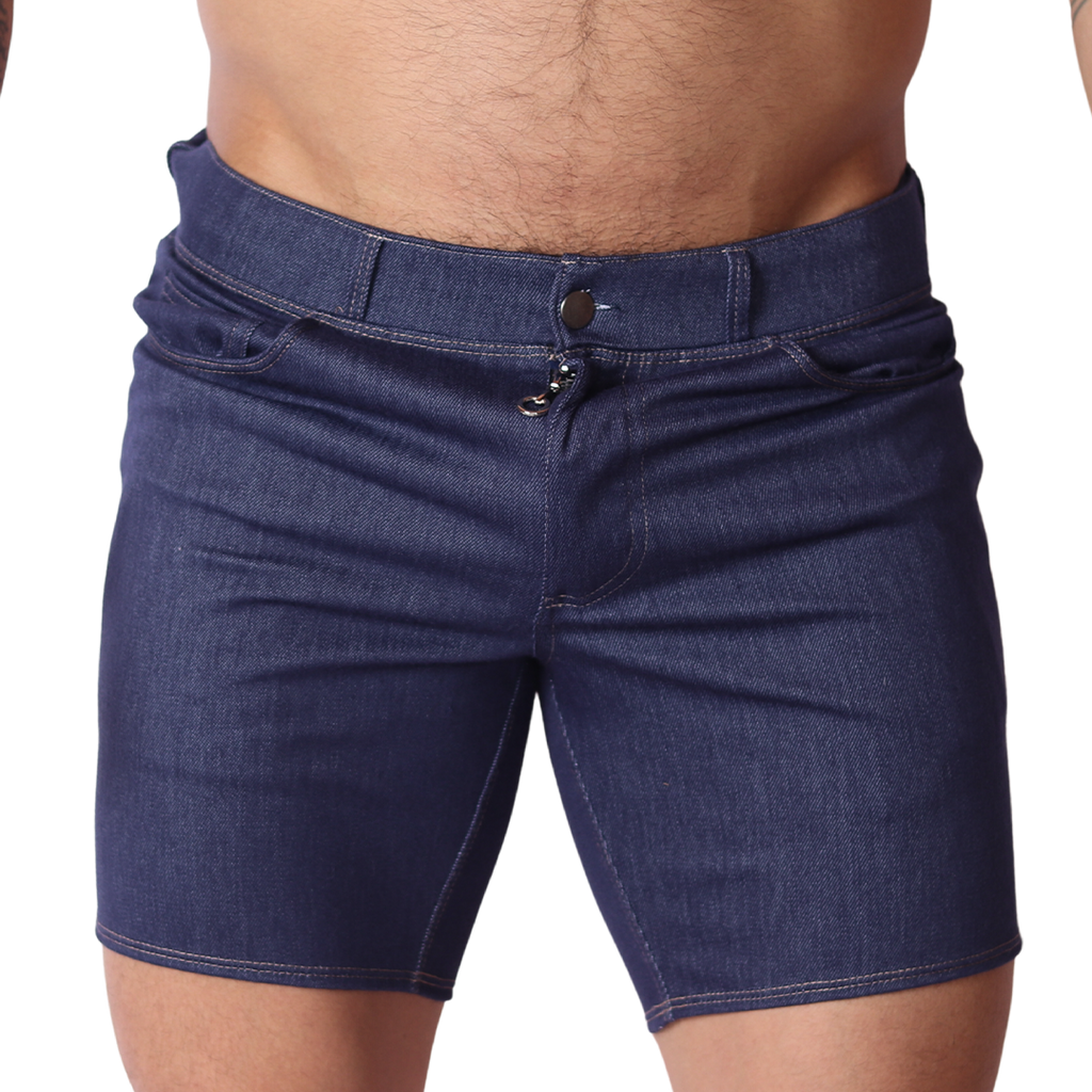 Front view of Gigo dark blue denim shorts with a button fly and classic stitching on a male model.