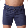 Front view of Gigo dark blue denim shorts with a button fly and classic stitching on a male model.