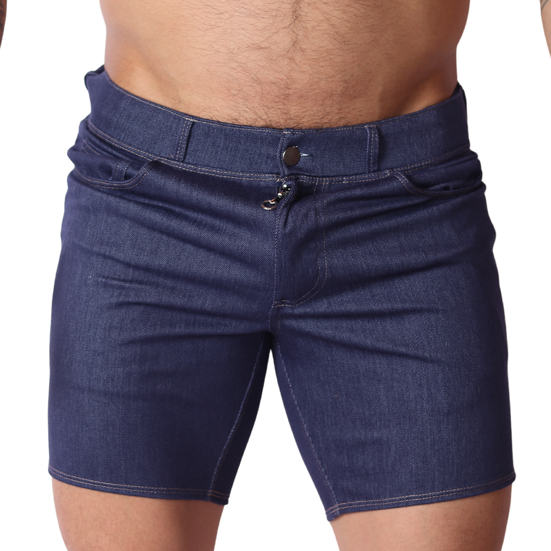 Front view of Gigo dark blue denim shorts with a button fly and classic stitching on a male model.