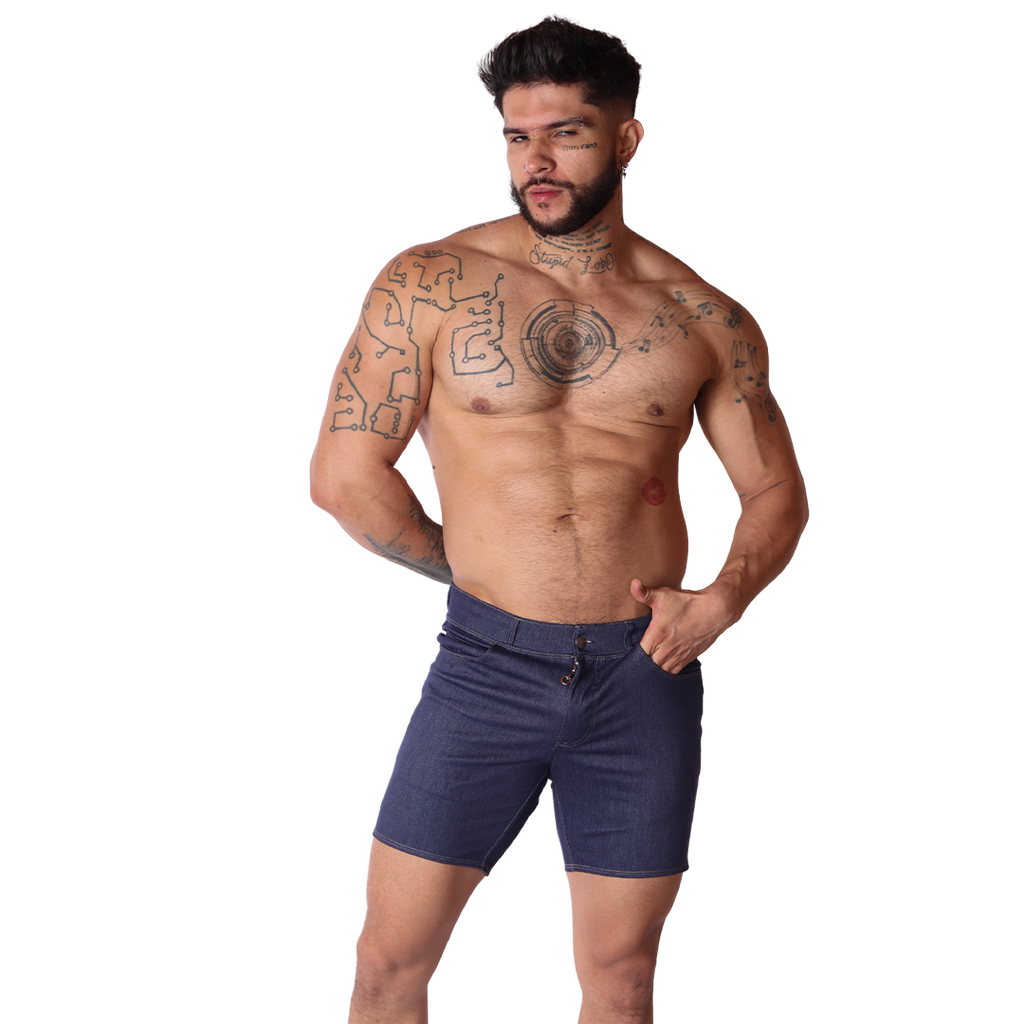 Front view of Gigo denim blue shorts in soft stretch fabric, featuring button closure and pocket details on a model.