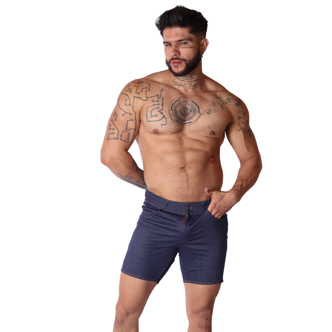 Front view of Gigo denim blue shorts in soft stretch fabric, featuring button closure and pocket details on a model.