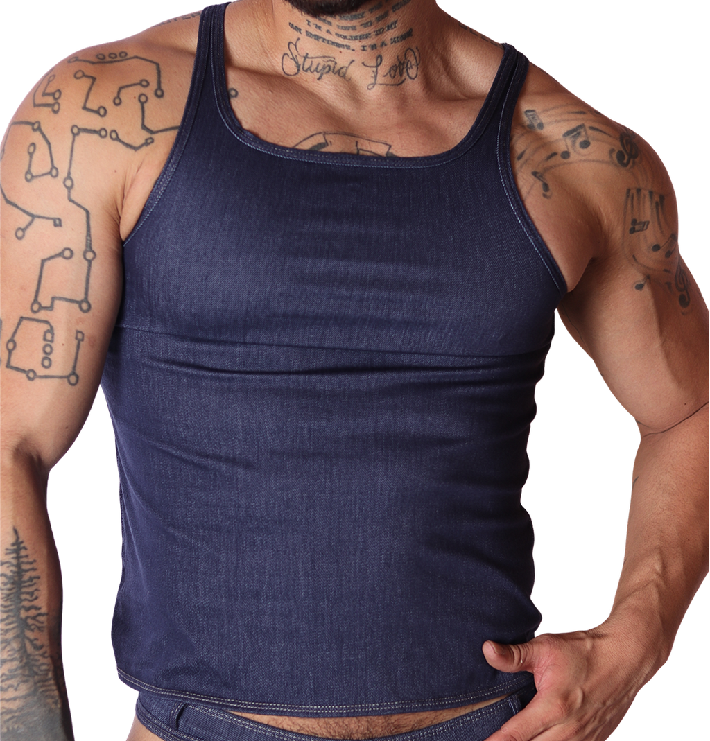 Front view of Gigo men's denim blue tank top in soft, fitted fabric, showing a classic scoop neck and stitched hem.