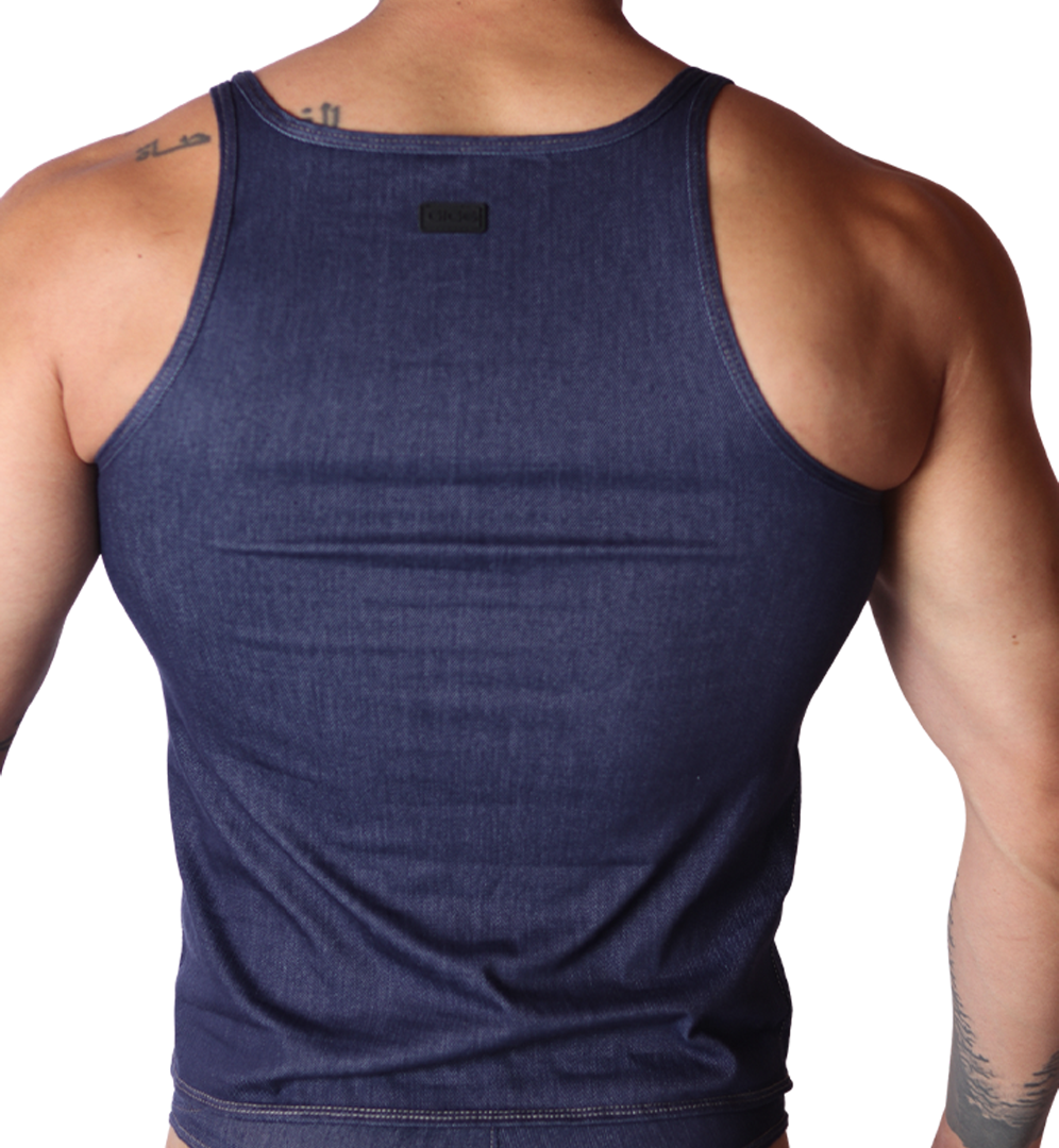 Back view of Gigo men's denim blue tank top in fabric texture with black brand logo tag on the upper back.