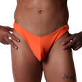 Front view of Gigo Dinamic orange swim g-string in smooth, stretchy fabric with V-cut waistband.