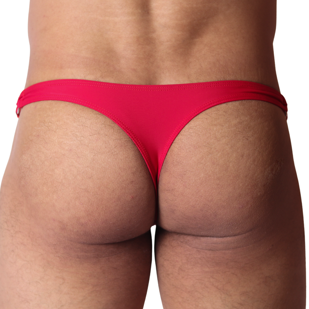 Back view of Gigo Dinamic red swim G-string in smooth, stretchy fabric with thin side straps.