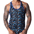 Front view of Gigo blue dog-themed tank top with black accents, made from lightweight, printed stretch fabric.