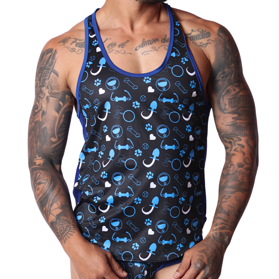 Front view of Gigo blue dog-themed tank top with black accents, made from lightweight, printed stretch fabric.
