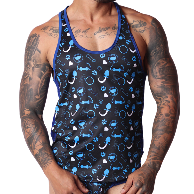 Front view of Gigo blue dog-themed tank top with black accents, made from lightweight, printed stretch fabric.
