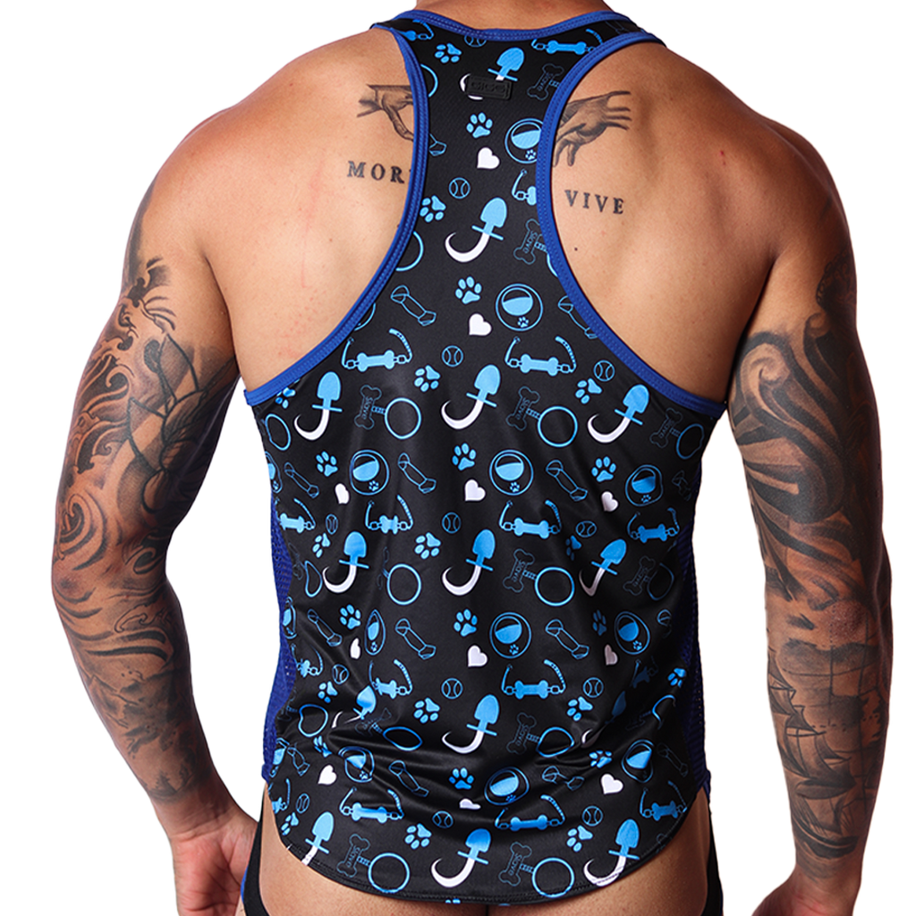 Back view of Gigo blue dog-themed tank top in printed polyester fabric with blue trim.