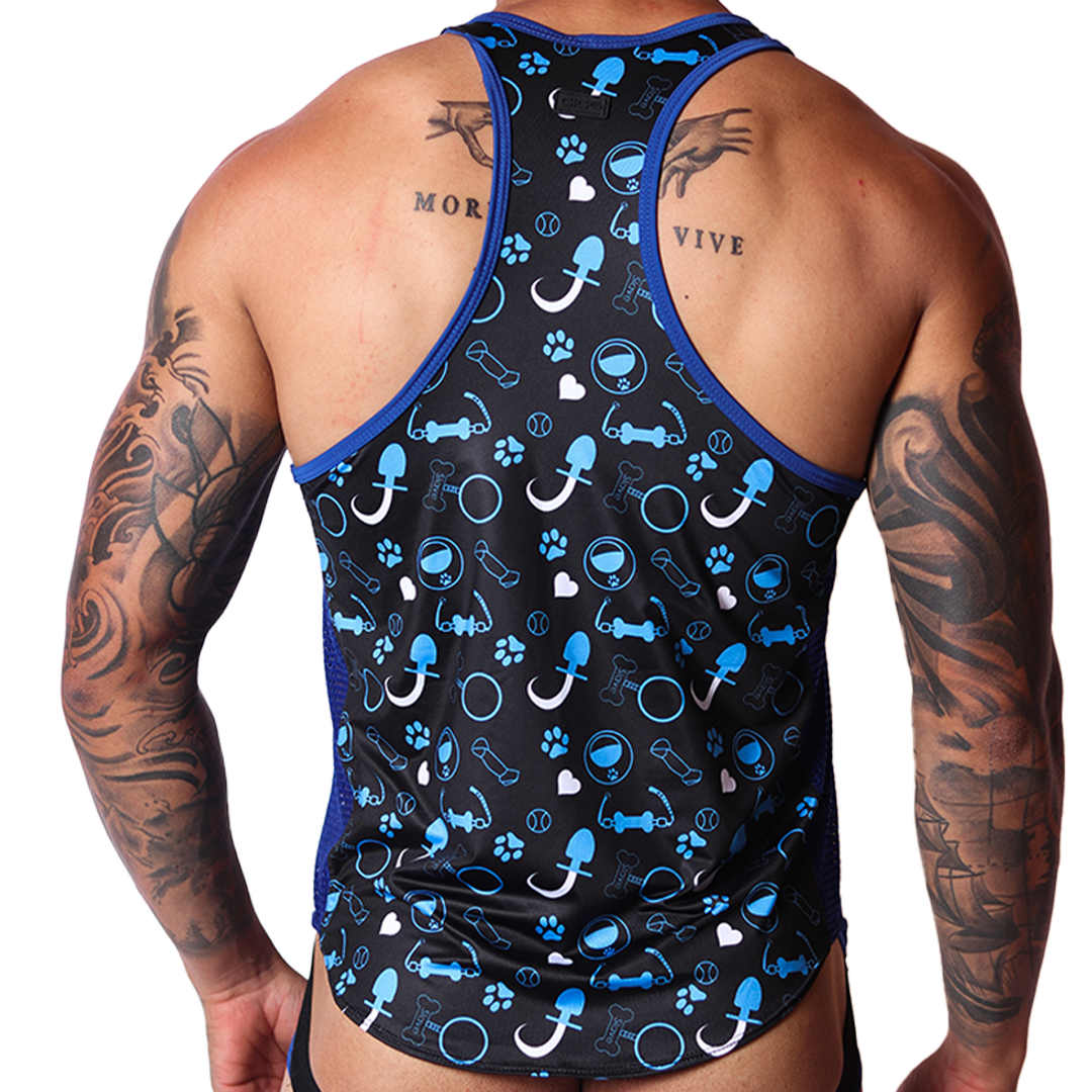 Back view of Gigo blue dog-themed tank top in printed polyester fabric with blue trim.