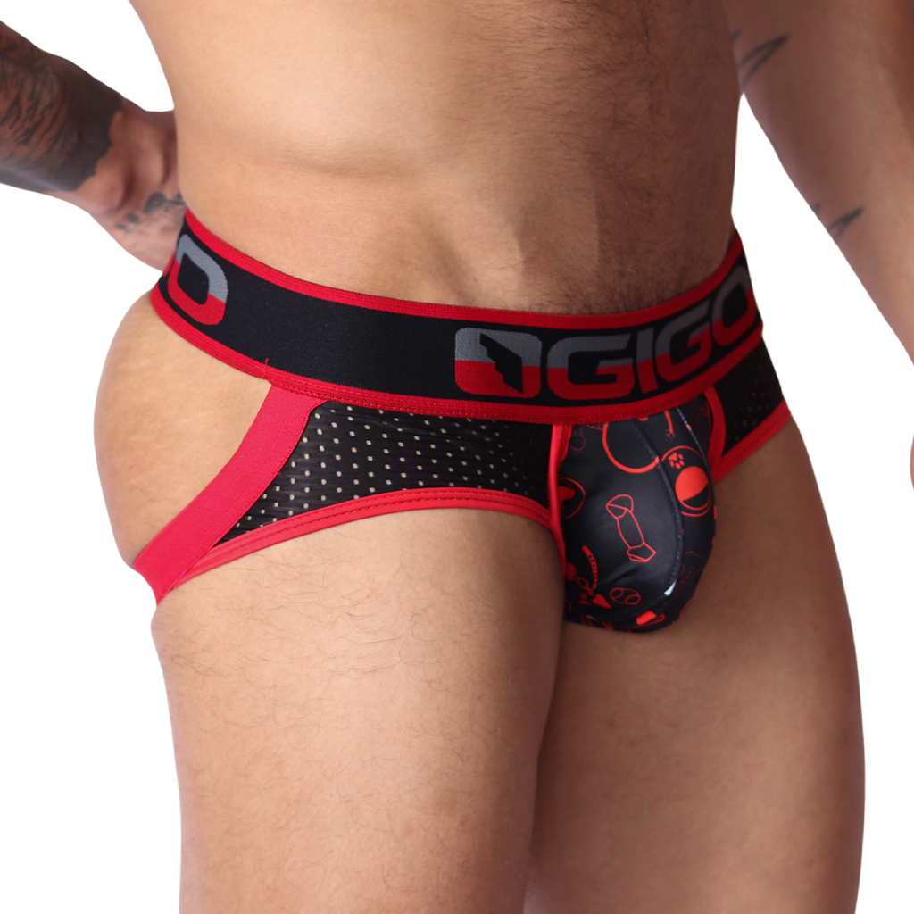 Side view of red and black Gigo Dog jockstrap in mesh fabric with red printed pouch and branded elastic waistband.
