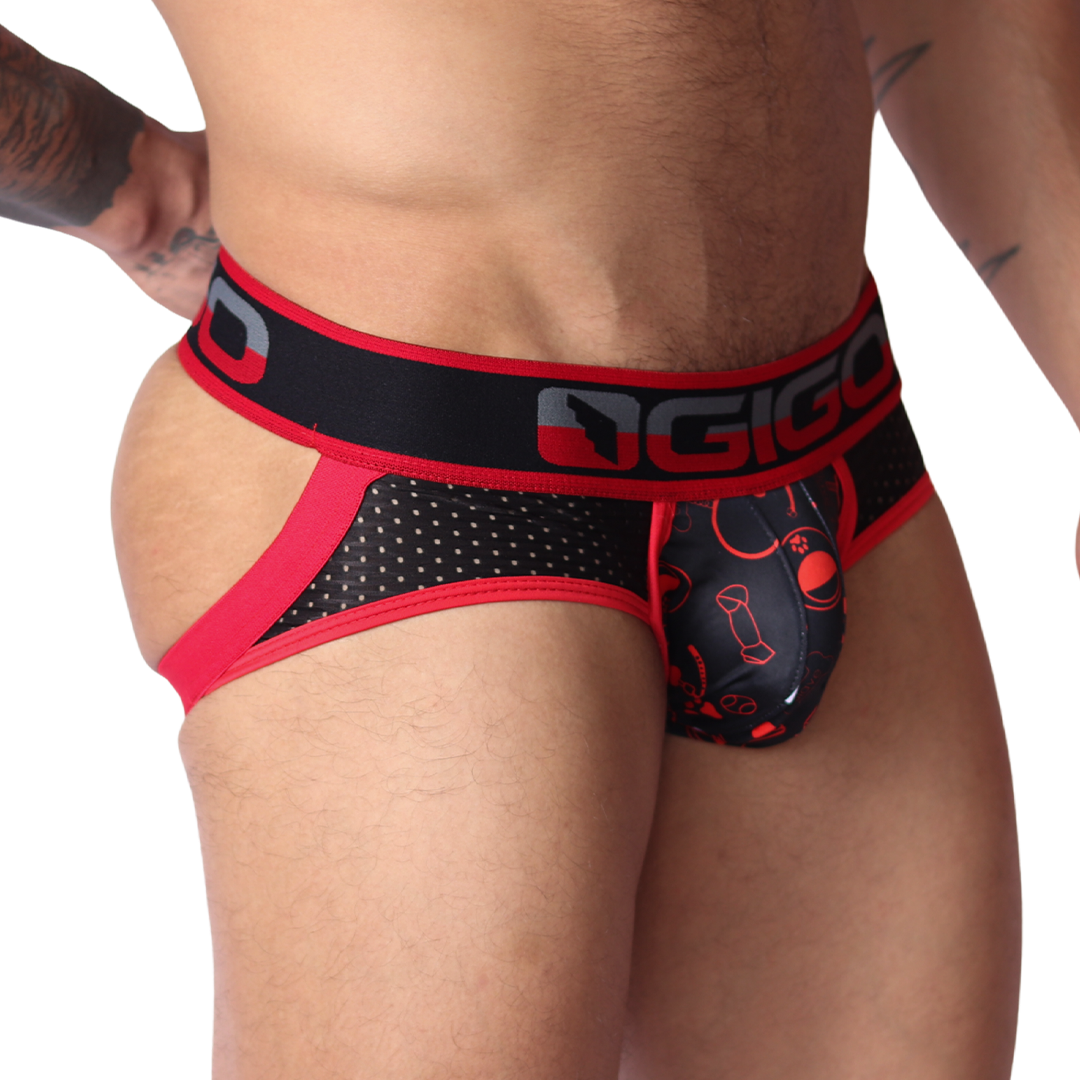 Side view of red and black Gigo Dog jockstrap in mesh fabric with red printed pouch and branded elastic waistband.