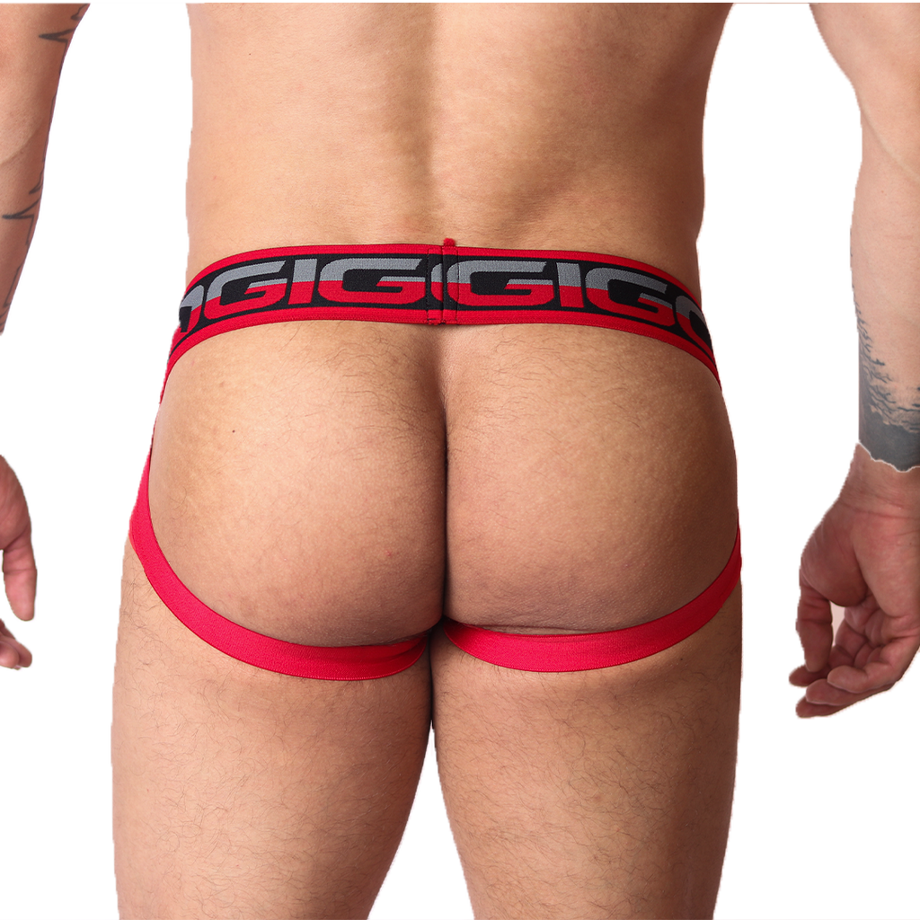 Back view of Gigo red jockstrap with elastic logo waistband and open-back design.