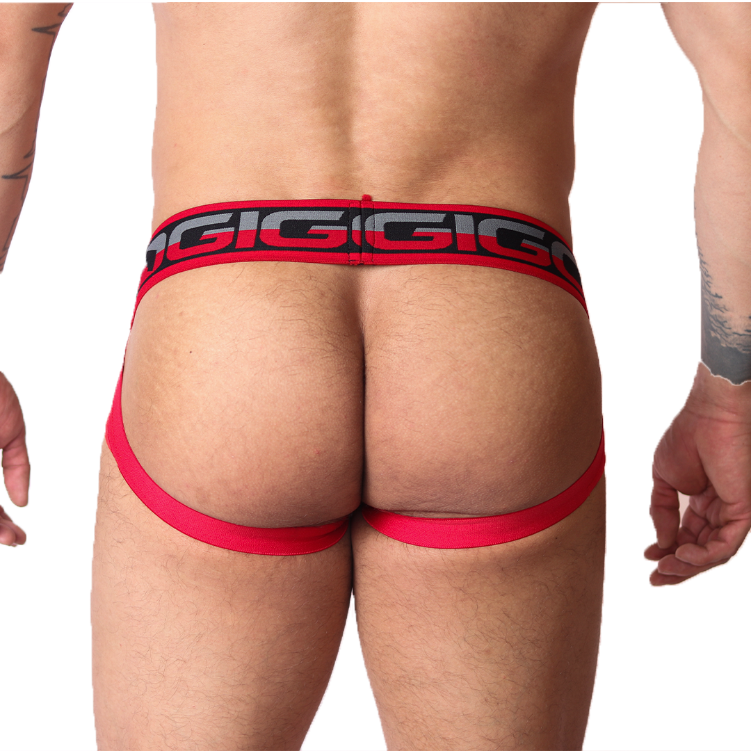 Back view of Gigo red jockstrap with elastic logo waistband and open-back design.