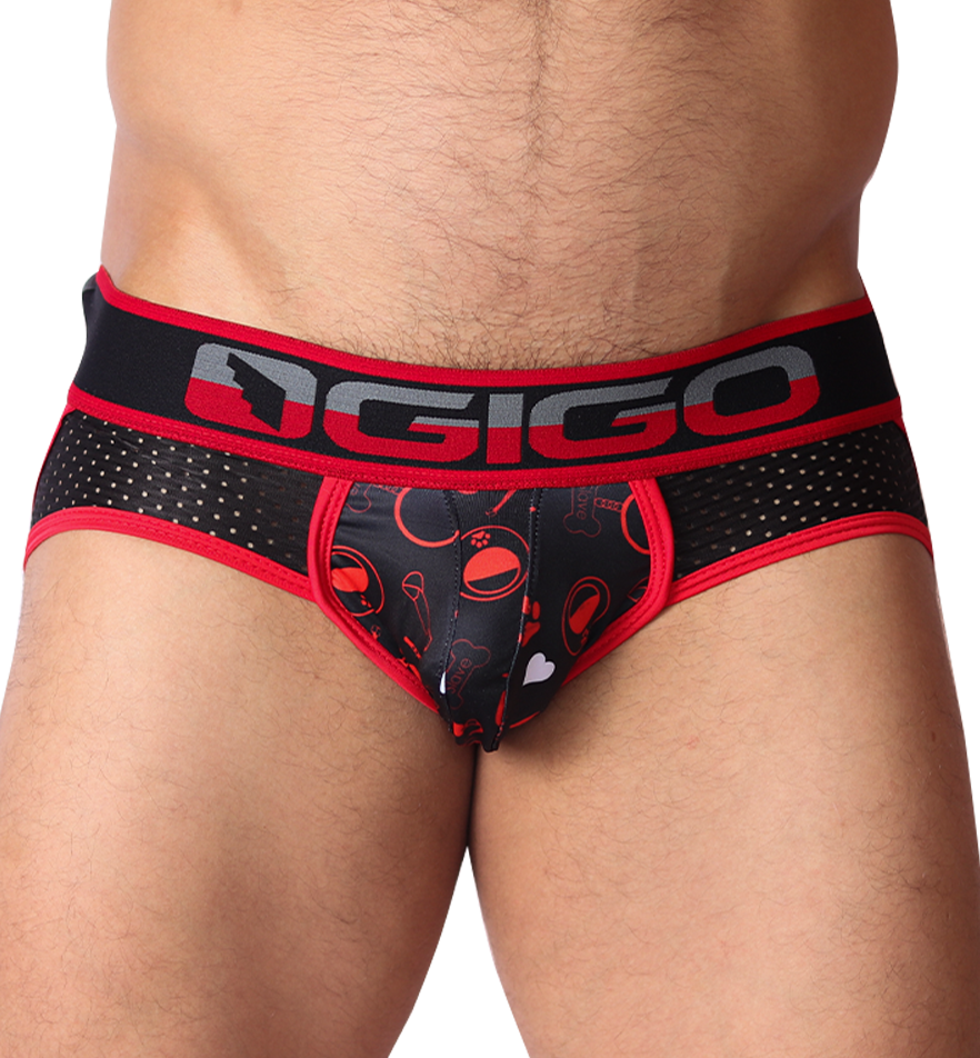 Front view of red and black Gigo Dog print mesh jockstrap with elastic logo waistband.