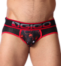Front view of red and black Gigo Dog print mesh jockstrap with elastic logo waistband.