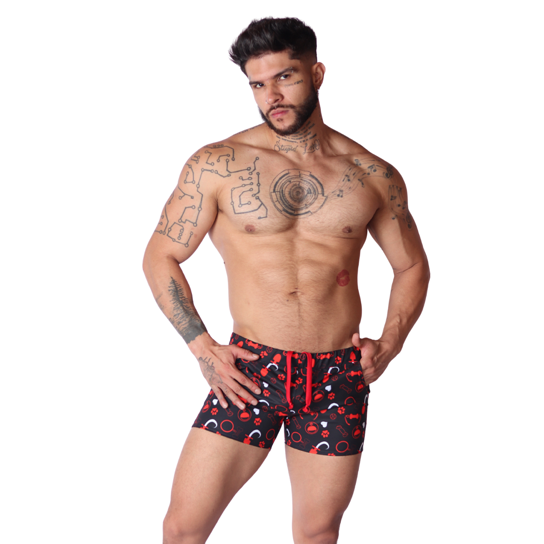 Front view: Gigo black and red dog print short underwear in soft, stretchy fabric with an adjustable drawstring waist.