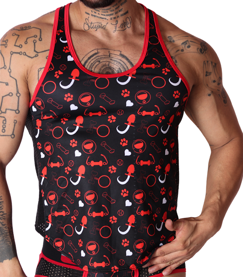 Front view of Gigo Dog Red tank top with novelty toy print on black fabric with red trim and black mesh side panels.