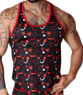 Front view of Gigo Dog Red tank top with novelty toy print on black fabric with red trim and black mesh side panels.